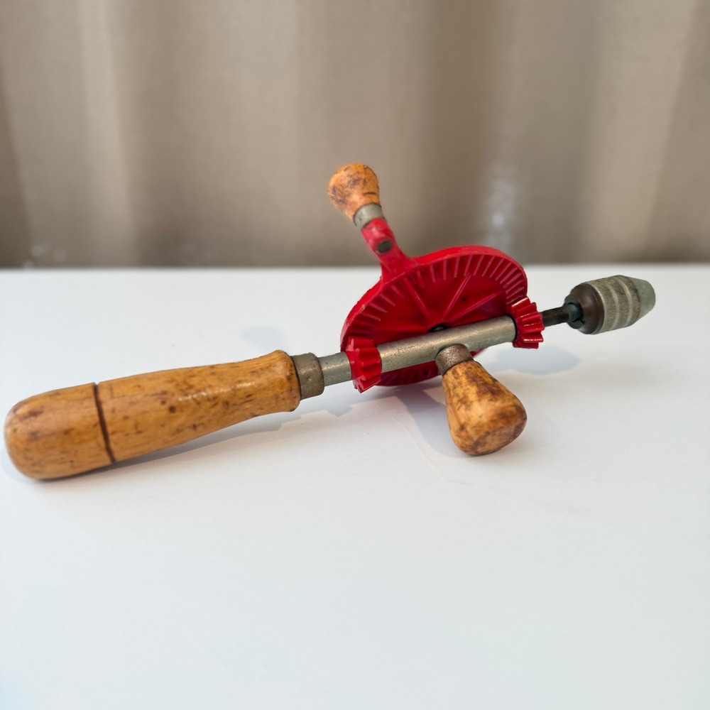 Vintage Red Nylon Hand Drill Eggbeater Style Manual Wood Handle Tool Made in USA